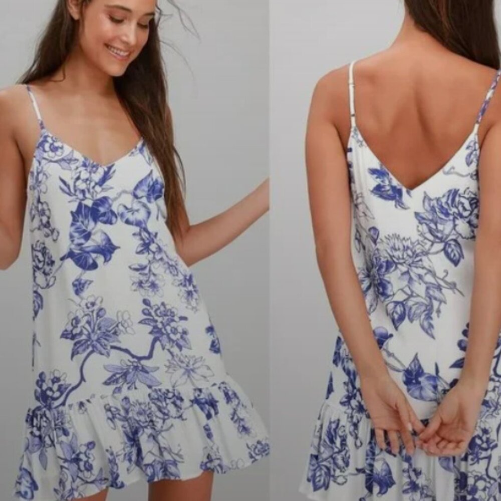 Lulus Garden Bloom Sundress Mini Blue White Sz S Wedding Guest Resortwear